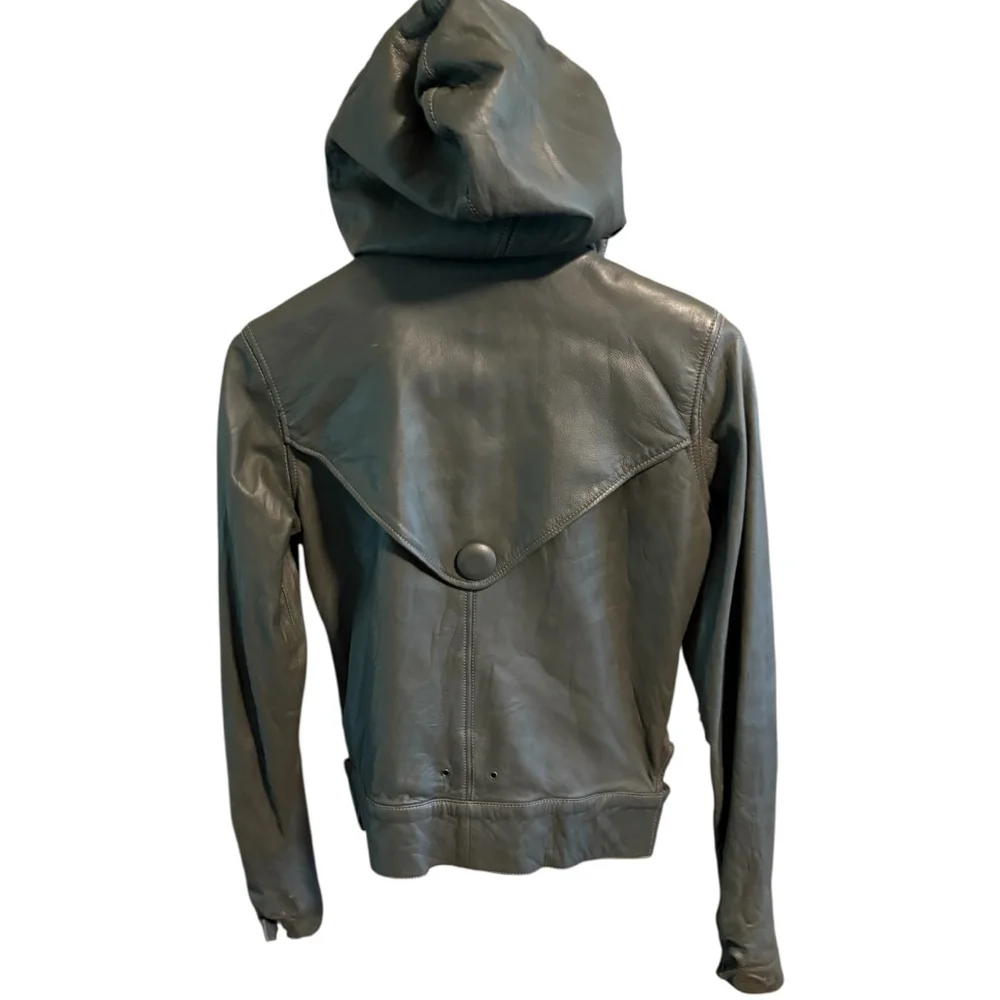 🛑SOLD🛑Mike & Chris VTG Rupert Double Breasted Hooded Grey Leather Jacket S - Picture 7 of 10